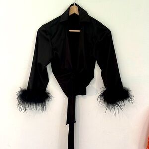 Rumors black satin crop top feathers